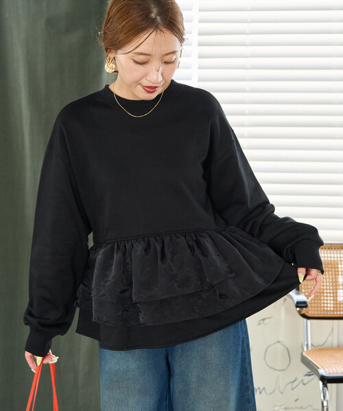 限定展開 オーガンジー フリル 切り替え 裏毛 スウェット プルオーバー