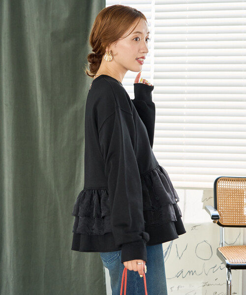 限定展開 オーガンジー フリル 切り替え 裏毛 スウェット プルオーバー