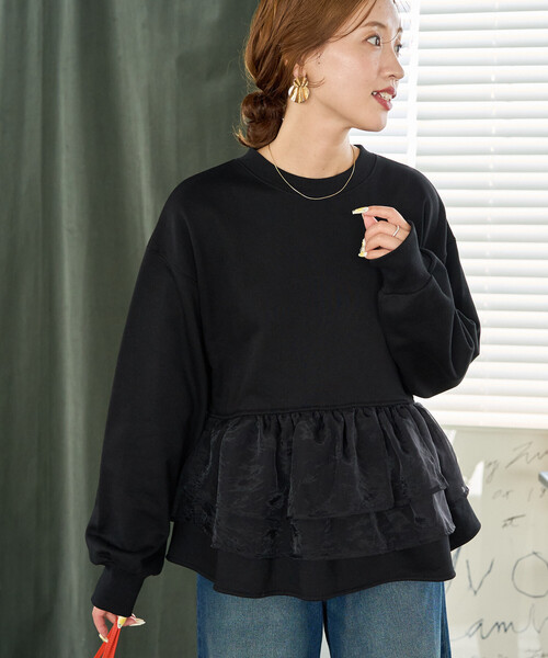 限定展開 オーガンジー フリル 切り替え 裏毛 スウェット プルオーバー