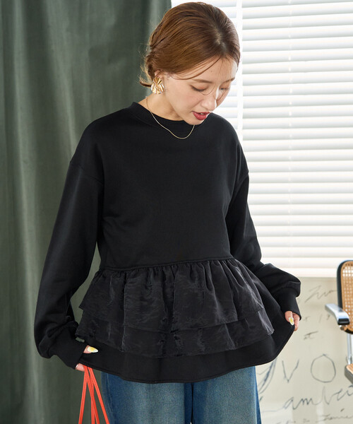 FREAK'S STORE（フリークスストア）の「限定展開　オーガンジー フリル 切り替え 裏毛 スウェット プルオーバー（スウェット・レディース・ピンク/ライトグレー/ベージュ/ブラック/ナチュラル・ﾌﾘ-）」の11枚目の写真