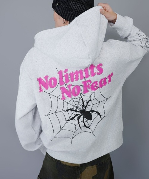 短丈ダブルジップパーカー/ストーンロゴ/バックプリント/スパイダー