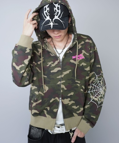 短丈ダブルジップパーカー/ストーンロゴ/バックプリント/スパイダー