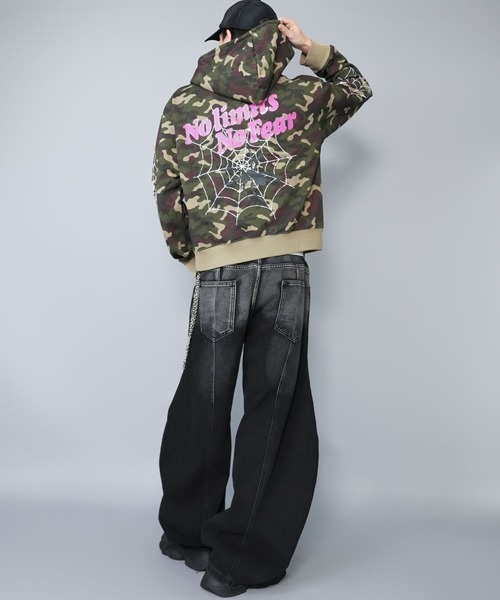 短丈ダブルジップパーカー/ストーンロゴ/バックプリント/スパイダー