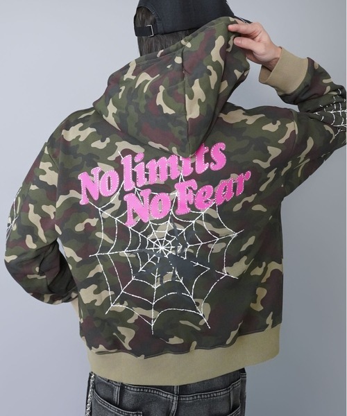 短丈パーカー 短丈ダブルジップパーカー/ストーンロゴ/バックプリント/スパイダー