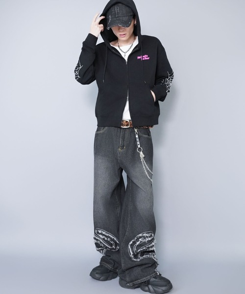 短丈ダブルジップパーカー/ストーンロゴ/バックプリント/スパイダー