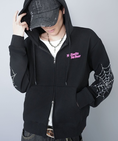 短丈ダブルジップパーカー/ストーンロゴ/バックプリント/スパイダー