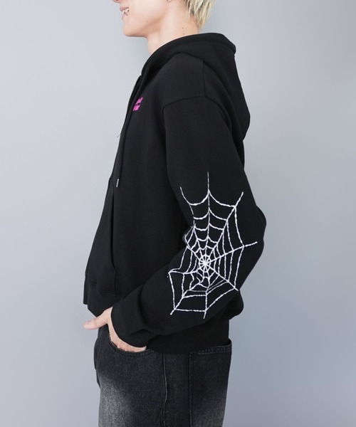 美品❗️stones goest Peace ジップパーカー　黒 短丈ダブルジップパーカー/ストーンロゴ/バックプリント/スパイダー