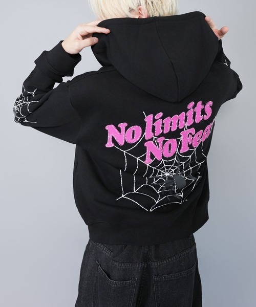 短丈ダブルジップパーカー/ストーンロゴ/バックプリント/スパイダー