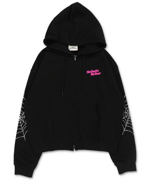 短丈ダブルジップパーカー/ストーンロゴ/バックプリント/スパイダー