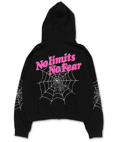 短丈ダブルジップパーカー/ストーンロゴ/バックプリント/スパイダー