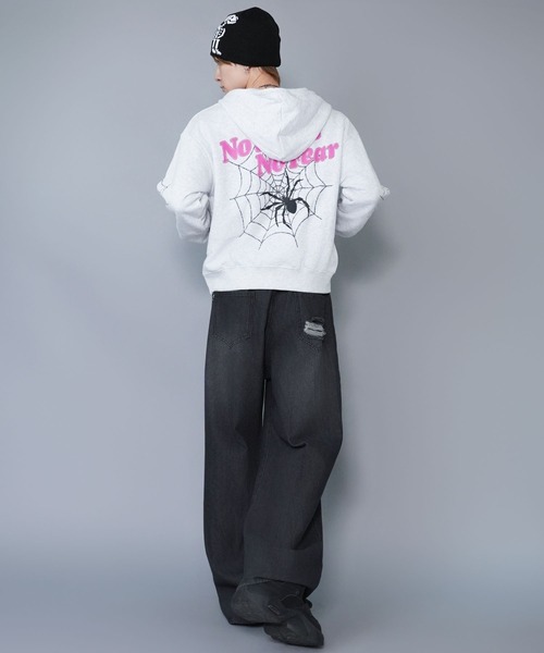 短丈ダブルジップパーカー/ストーンロゴ/バックプリント/スパイダー