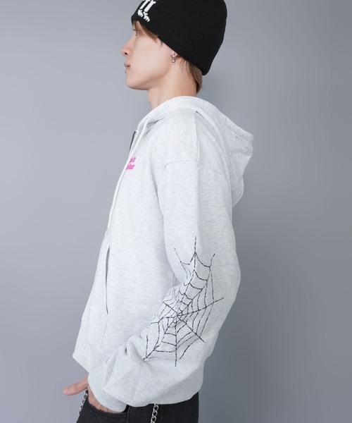 短丈ダブルジップパーカー/ストーンロゴ/バックプリント/スパイダー