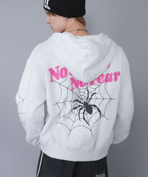 短丈ダブルジップパーカー/ストーンロゴ/バックプリント/スパイダー