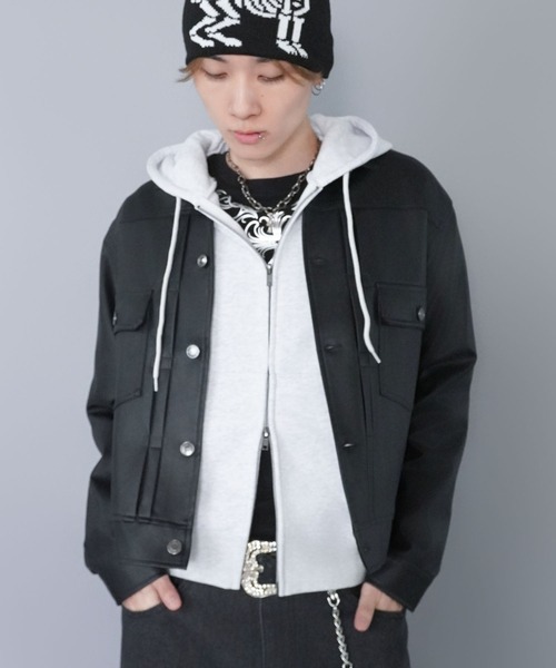 短丈ダブルジップパーカー/ストーンロゴ/バックプリント/スパイダー