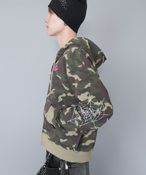 短丈ダブルジップパーカー/ストーンロゴ/バックプリント/スパイダー