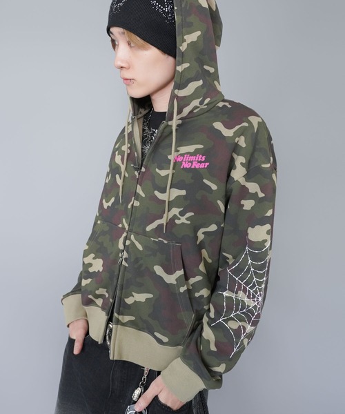 ブブタン メゾンロゴ総柄 スウェット フルジップ ジャケット パーカー 短丈ダブルジップパーカー/ストーンロゴ/バックプリント/スパイダー