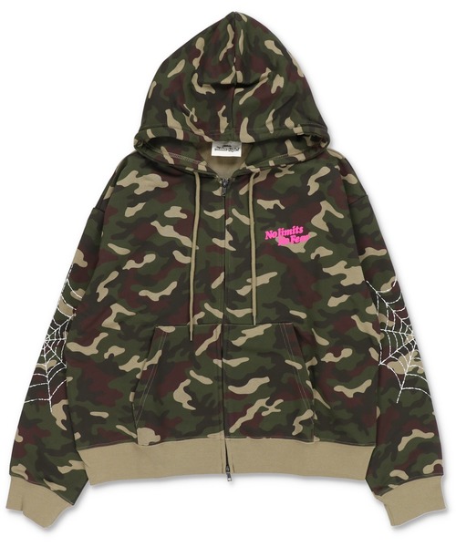 短丈ダブルジップパーカー/ストーンロゴ/バックプリント/スパイダー