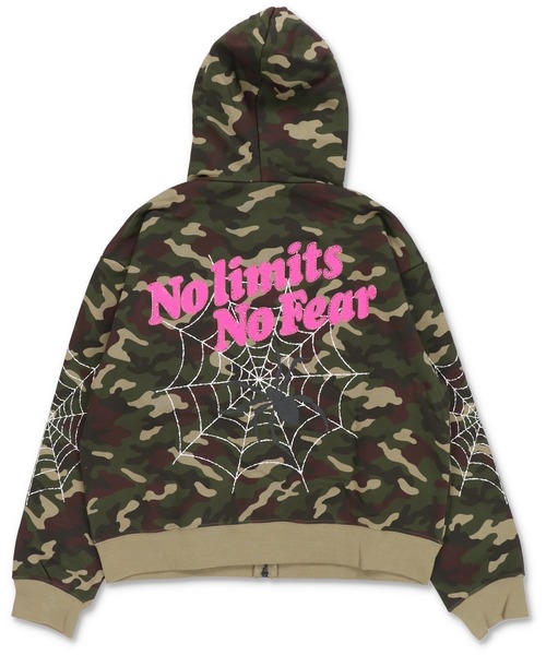 短丈ダブルジップパーカー/ストーンロゴ/バックプリント/スパイダー