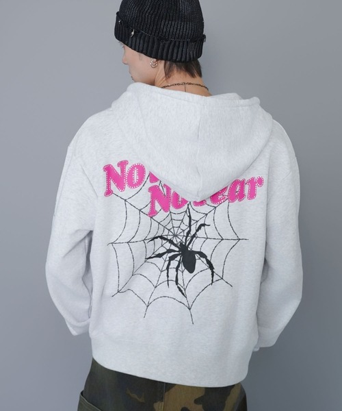 短丈ダブルジップパーカー/ストーンロゴ/バックプリント/スパイダー