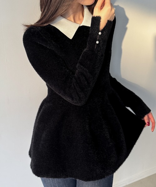 junoah（ジュノア）の「シャギーペプラムニットトップス（ニット/セーター・レディース・ブラック/ネイビー/ライトグレー・LARGE/MEDIUM）」の8枚目の写真