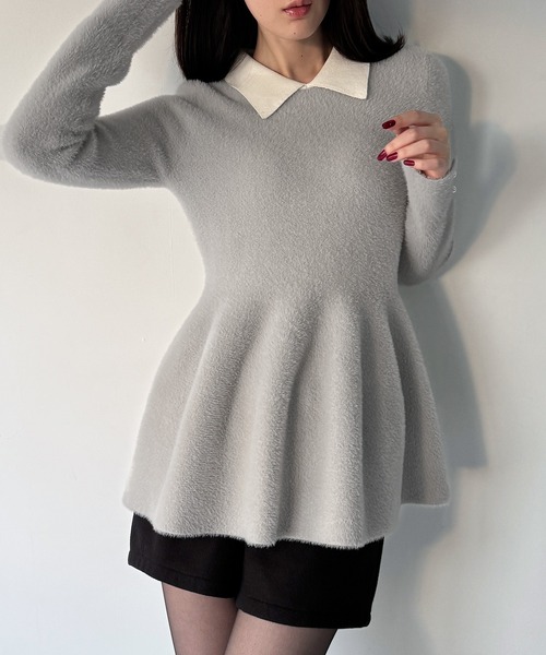 junoah（ジュノア）の「シャギーペプラムニットトップス（ニット/セーター・レディース・ブラック/ネイビー/ライトグレー・LARGE/MEDIUM）」の9枚目の写真