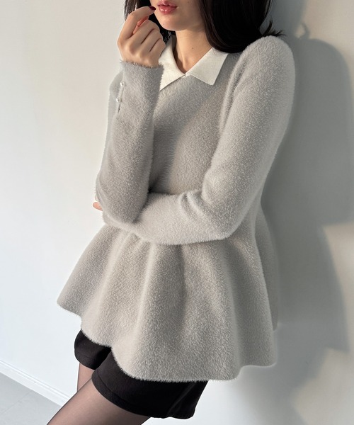 junoah（ジュノア）の「シャギーペプラムニットトップス（ニット/セーター・レディース・ブラック/ネイビー/ライトグレー・LARGE/MEDIUM）」の10枚目の写真