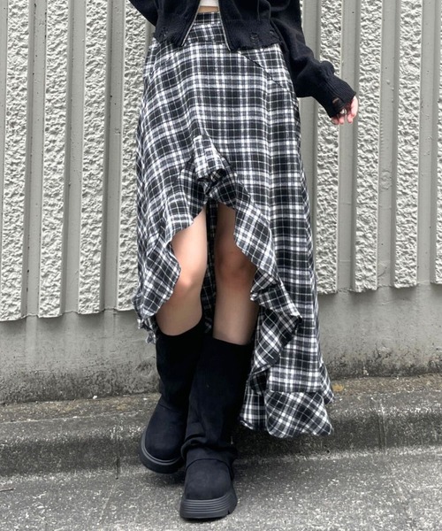 3.3 Field Trip (3.3フィールドトリップ)の「3.3 Field Trip/チェックアシメヘムスカート(スカート・レディース・ブラック/ブラウン/ネイビー・FREE)」の2枚目の写真