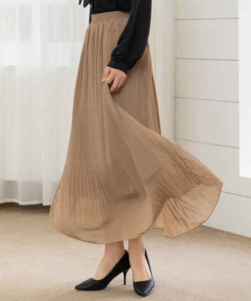 DAY CLOSET(デイ クローゼット)の「【裏起毛/消しプリーツ加工/シワになりにくい】ウエストすっきり、裾ふんわり。ロング丈シフォンスカート レディース(スカート・レディース・グリーン/ブラウン/モカ/ブラック・M/L)」の3枚目の写真