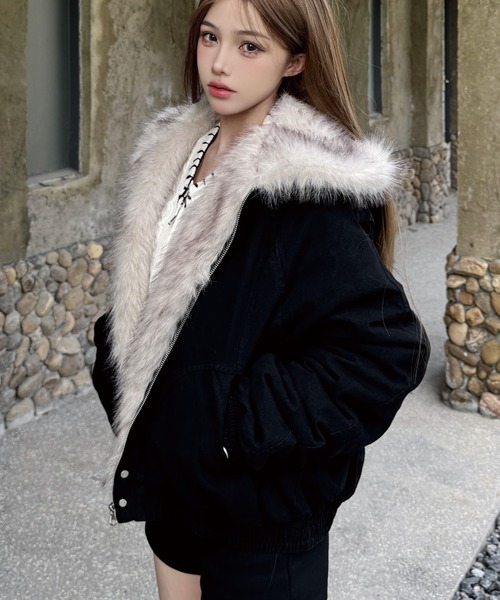 ADDITION STORE(アディションストア)の「【再入荷】ファー 中綿キルト ジップブルゾン / Fur quilted zip-up jacket / asfj(ブルゾン・レディース・グレー/ブラック・SMALL/MEDIUM/LARGE)」の2枚目の写真