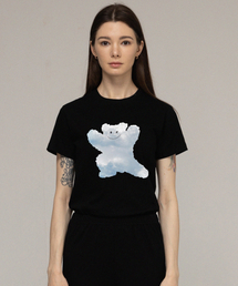 [ウーマン]ビッグクラウドベアスマイルスリム半袖Tシャツ_ブラック