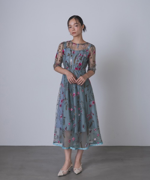 Rose of Sharon（ローズオブシャロン）の「花柄刺繍シアードレス（ドレス・レディース・ブラック/ブルーグレー/ピーコックグリーン系/チャコール/ピンク/ライトカーキ・M）」の4枚目の写真