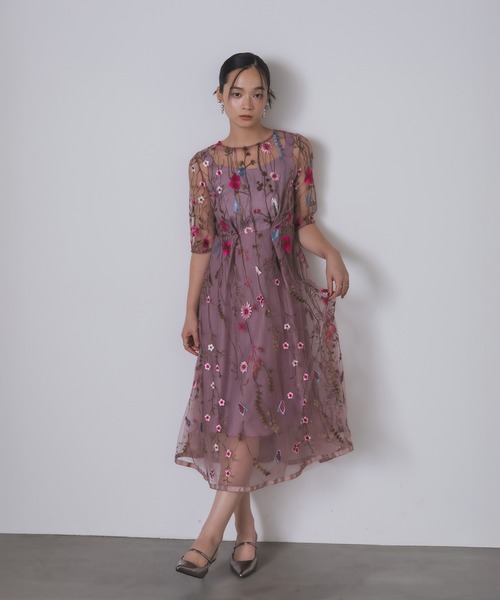 Rose of Sharon（ローズオブシャロン）の「花柄刺繍シアードレス（ドレス・レディース・ブラック/ブルーグレー/ピーコックグリーン系/チャコール/ピンク/ライトカーキ・M）」の6枚目の写真