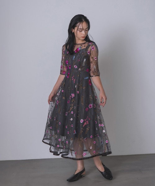 Rose of Sharon（ローズオブシャロン）の「花柄刺繍シアードレス（ドレス・レディース・ブラック/ブルーグレー/ピーコックグリーン系/チャコール/ピンク/ライトカーキ・M）」の3枚目の写真