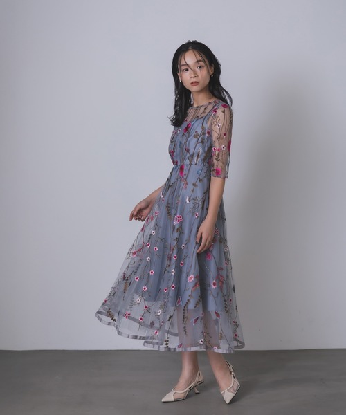 Rose of Sharon（ローズオブシャロン）の「花柄刺繍シアードレス（ドレス・レディース・ブラック/ブルーグレー/ピーコックグリーン系/チャコール/ピンク/ライトカーキ・M）」の2枚目の写真
