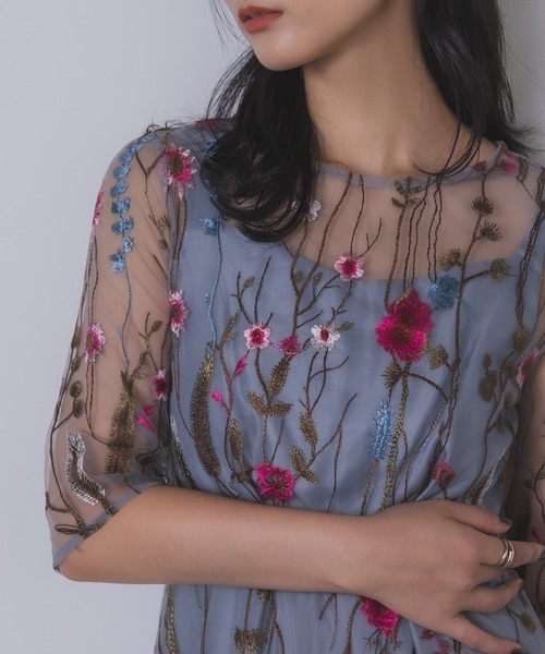 Rose of Sharon（ローズオブシャロン）の「花柄刺繍シアードレス（ドレス・レディース・ブラック/ブルーグレー/ピーコックグリーン系/チャコール/ピンク/ライトカーキ・M）」の17枚目の写真