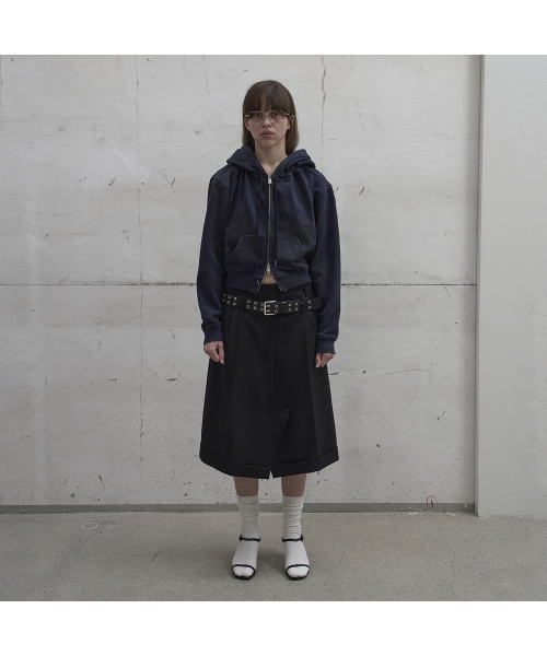 Washed Shirring Hoodie Zip‑Up (navy)