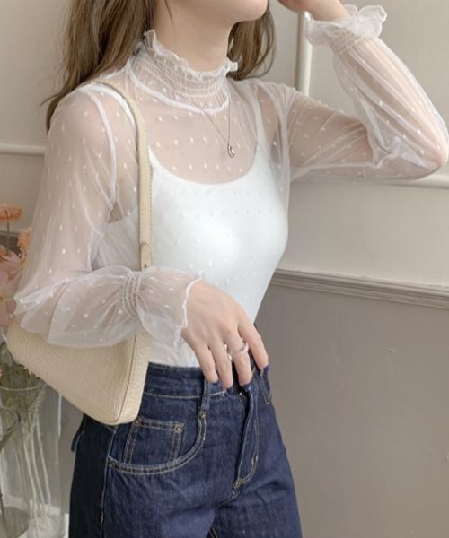 SHEPP(シープ)の「【26年春新作】メロウフリル ハイネック ドットチュールシアートップス(Tシャツ/カットソー・レディース・ブラック/アイボリー/ホワイト・M/L)」の16枚目の写真