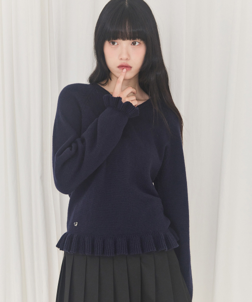 ALKI ALKA(アルキアルカ)の「V-Neck Frill Knit (Navy)(ニット/セーター・レディース・その他・Navy)」の1枚目の写真