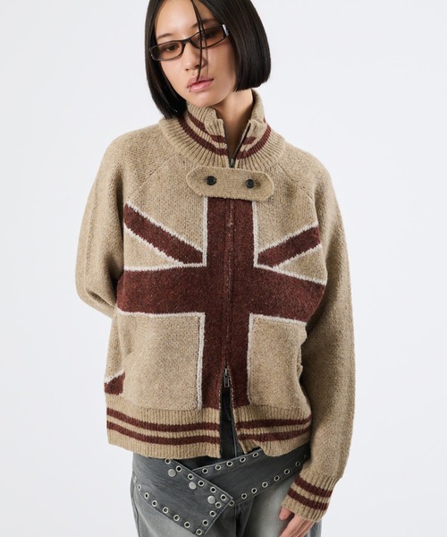 FTW(エフティダブリュー)の「UK MOTIF ZIPUP KNIT(カーディガン/ボレロ・レディース・ブラック/ベージュ・MEDIUM/LARGE/SMALL)」の1枚目の写真