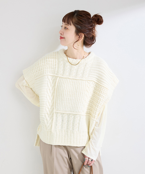 2枚セット》パッチワークニットベスト*ロンTSET（ニット/セーター