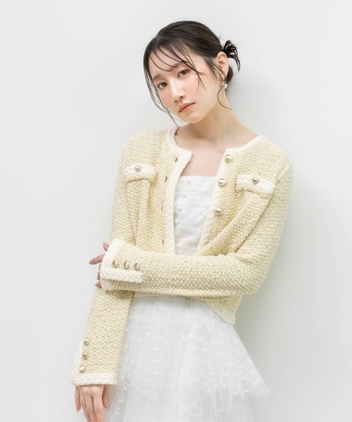 RANDA(ランダ)の「ツイードラメニットカーディガン(カーディガン/ボレロ・レディース・イエロー・FREE)」の1枚目の写真