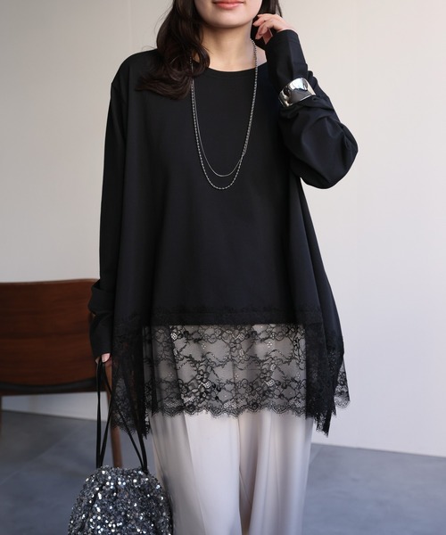 ap retro（アプレトロ）の「裾レースドッキングロンTee / レーストップス（Tシャツ/カットソー・レディース・ブラック/ホワイト・FREE）」の2枚目の写真