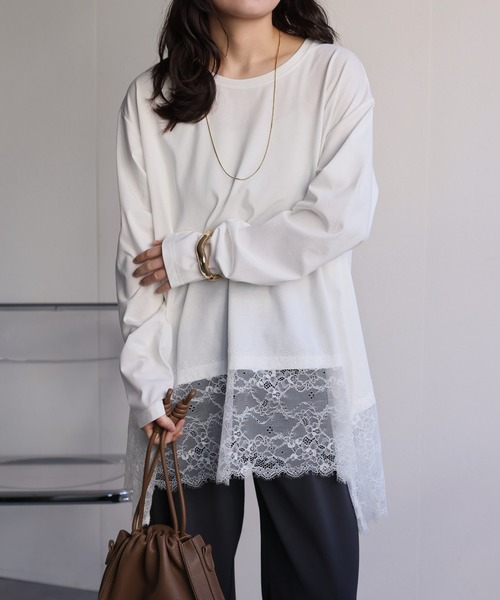 ap retro（アプレトロ）の「裾レースドッキングロンTee / レーストップス（Tシャツ/カットソー・レディース・ブラック/ホワイト・FREE）」の4枚目の写真