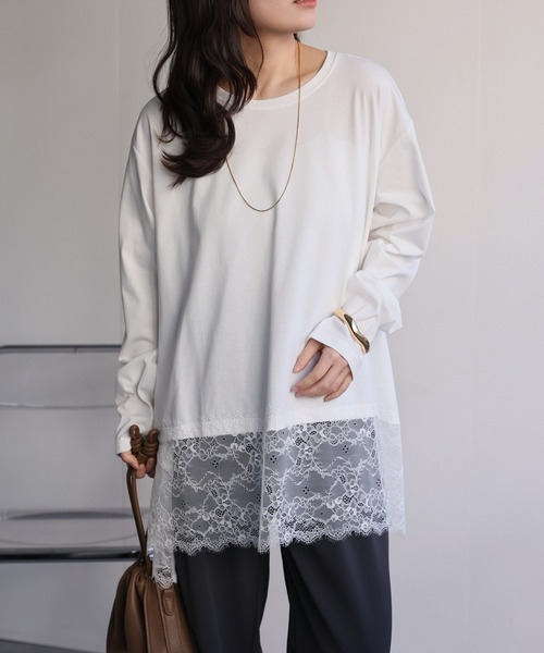 ap retro（アプレトロ）の「裾レースドッキングロンTee / レーストップス（Tシャツ/カットソー・レディース・ブラック/ホワイト・FREE）」の5枚目の写真