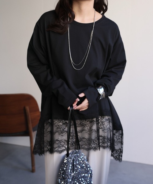 ap retro（アプレトロ）の「裾レースドッキングロンTee / レーストップス（Tシャツ/カットソー・レディース・ブラック/ホワイト・FREE）」の16枚目の写真