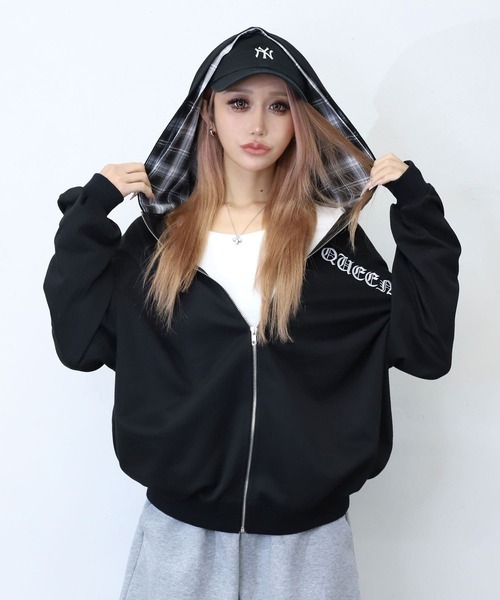 BLACKQUEEN（ブラッククイーン）の「【BLACKQUEEN】チェック柄切替パーカー（パーカー・レディース・ブラック・M）」の3枚目の写真