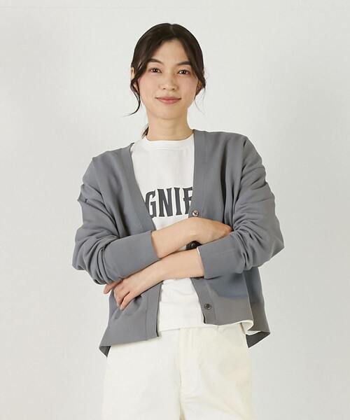 MELROSE claire(メルローズ クレール)の「【超軽量天竺前立て2重デザインVカーディガン】(カーディガン/ボレロ・レディース・オフホワイト/グレー/ライトイエロー・FREE)」の2枚目の写真