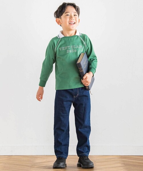 BeBe（ベベ）の「ラグラン編み立て襟付きロゴ刺しゅう長袖Tシャツ(90~150cm)（Tシャツ/カットソー・キッズ・ネイビー/グリーン・110cm/140cm/150cm/130cm/120cm）」の4枚目の写真