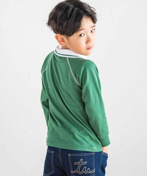 BeBe（ベベ）の「ラグラン編み立て襟付きロゴ刺しゅう長袖Tシャツ(90~150cm)（Tシャツ/カットソー・キッズ・ネイビー/グリーン・110cm/140cm/150cm/130cm/120cm）」の6枚目の写真