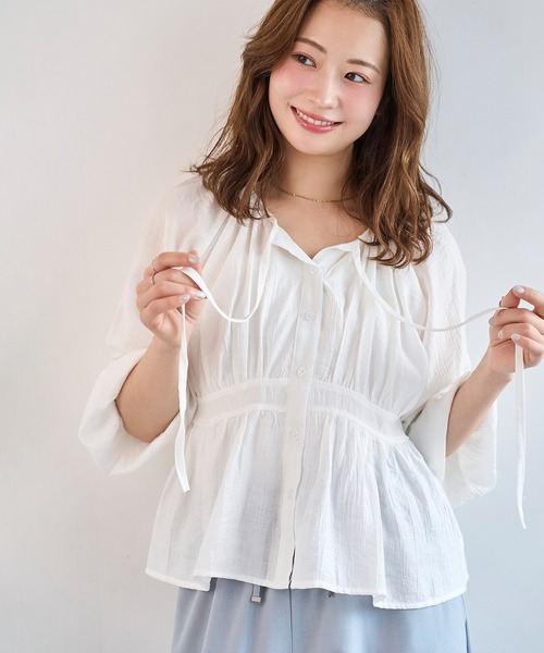 mil（ミル）の「ナロータイ ペプラム ブラウス 【587238】（シャツ/ブラウス・レディース・オフホワイト/ブラック・ONESIZE）」の9枚目の写真